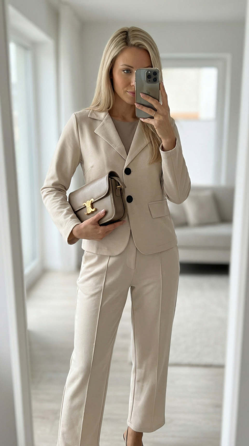 Jasnobeżowa elegancka marynarka damska casual z jednorzędowym zapięciem na guziki
